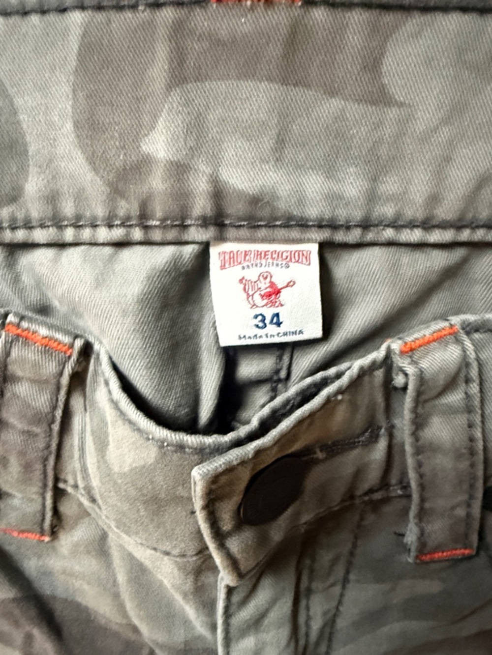 True Religion Olive Camo Shorts with Orange Stitching